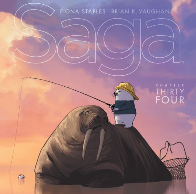 Cover of Saga comic 34 with a cut seal like creature on top of a walrus like creature